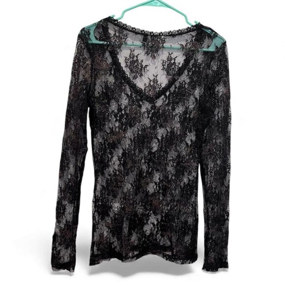y2k vintage black sheer floral lace gold accent long sleeve top size medium - Picture 3 of 7